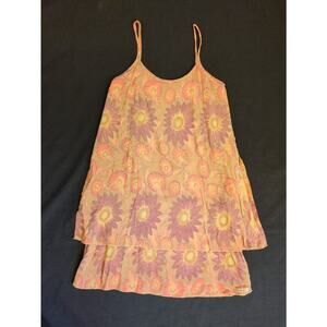 RAINBOW JO Tropical Sunflower Floral Natural Rayon Mini Tiered Dress Size S